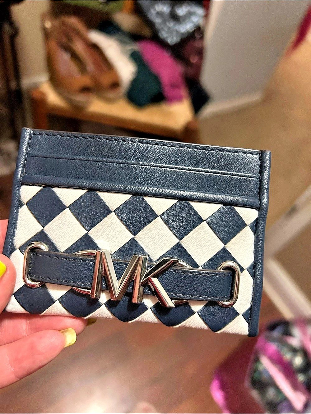 Michael Kors Checkered card Wallet in navy & White